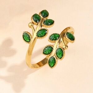 Elegant Stainless Steel Green Leaf Gold Ring
